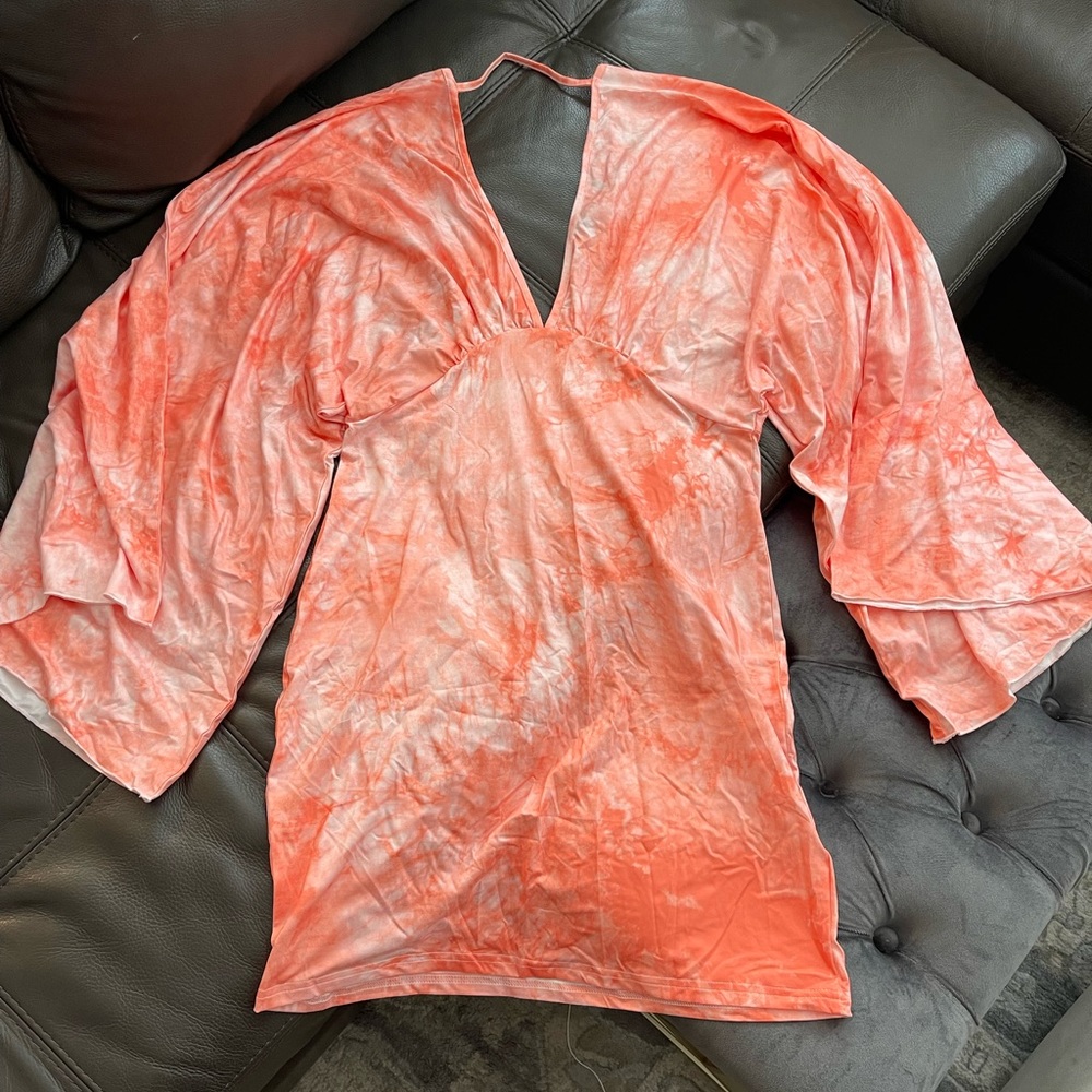 Sherbet orange and white Dolman sleeve mini V neck dress Kimono